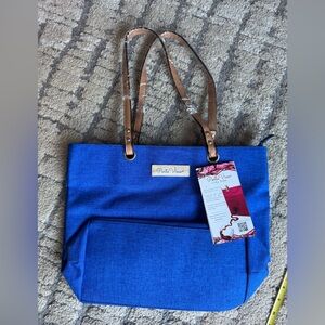 Porto Vino Blue Wine Carrying Tote Bag with Brown Handles